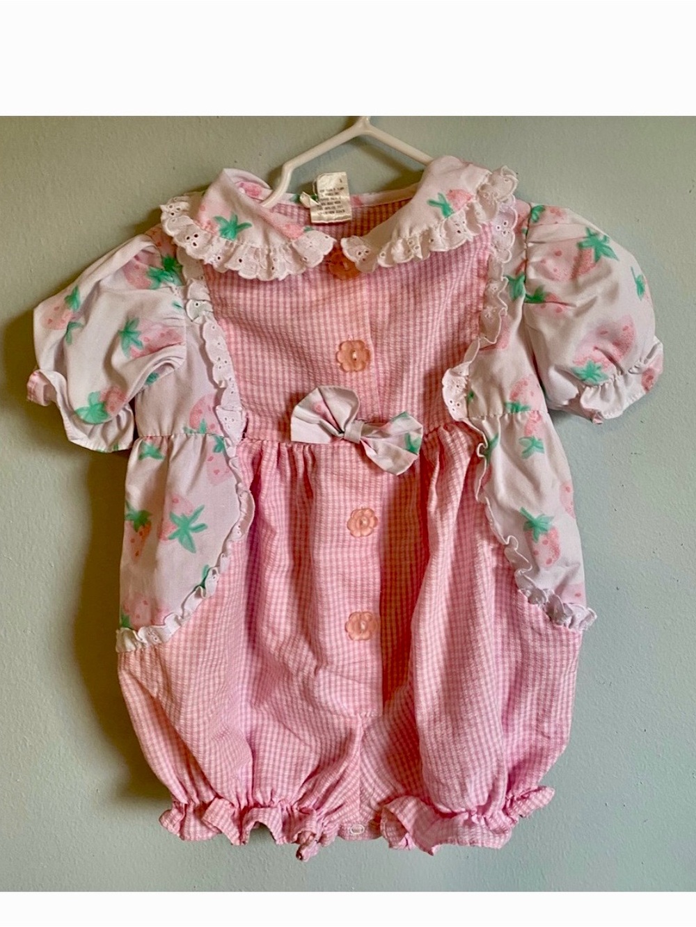 Pink vintage Gingham Baby Romper with Floral Bow